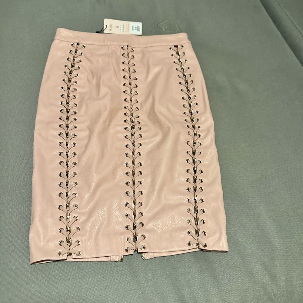 House of CB Blush Pink Lace-Up Faux Leather Pencil Skirt